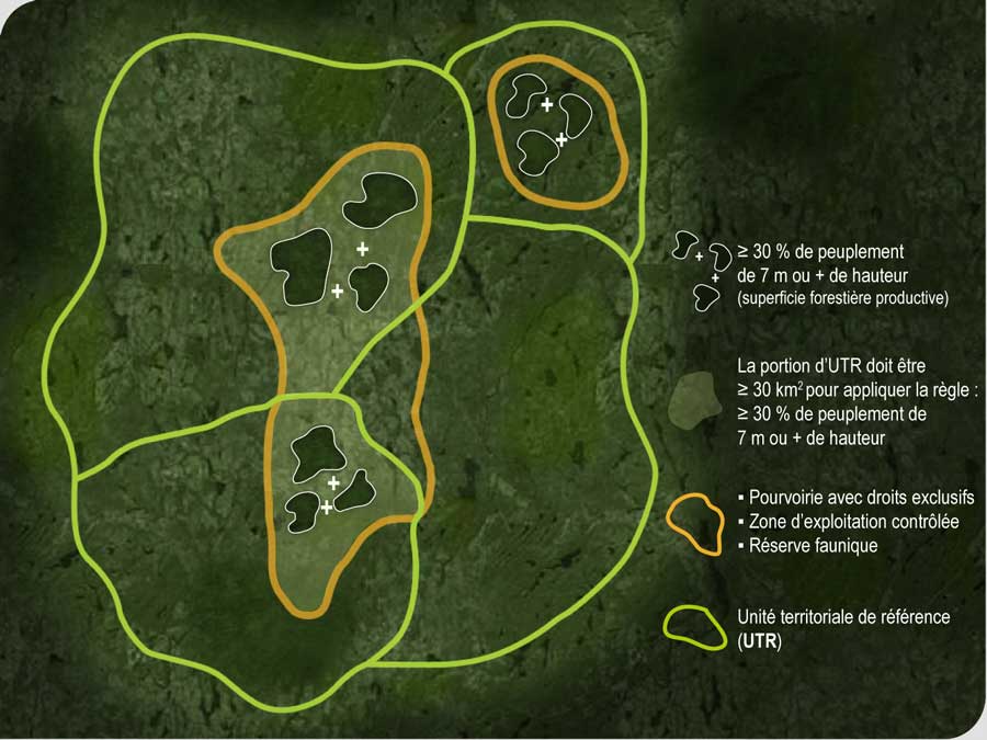 Proportion de peuplements forestiers de 7 m ou plus de hauteur à conserver dans une pourvoirie avec droits exclusifs, une zone d’exploitation contrôlée ou une réserve faunique située dans les domaines bioclimatiques de l’érablière ou de la sapinière