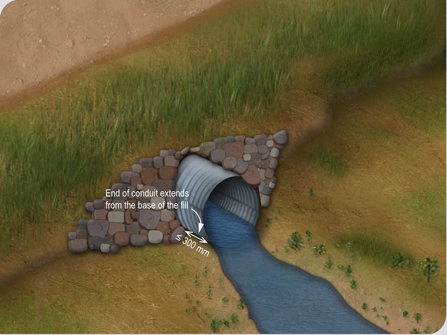 End of a conduit or arch extending from the base of the embankment