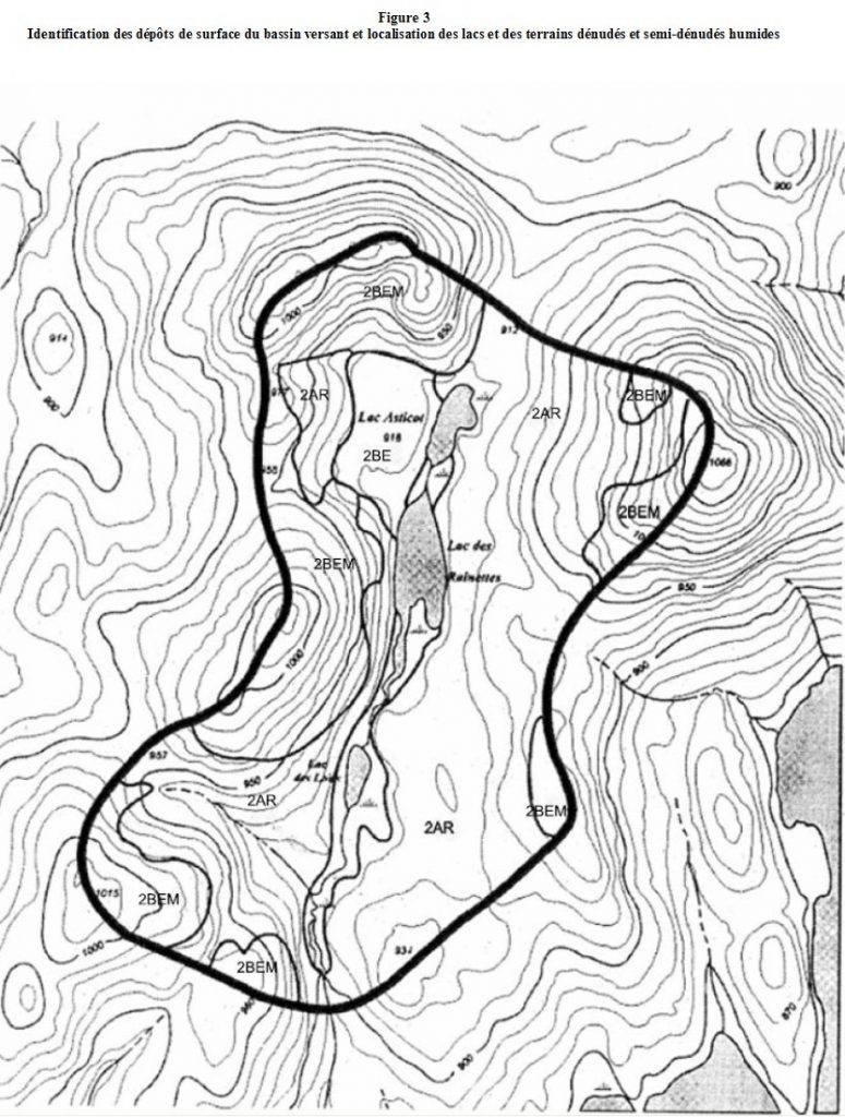 Figure 3 annexe 6 Identification des dépôts de surface du bassin versant et localisation des lacs et des terrains dénudés et semi-dénudés humides