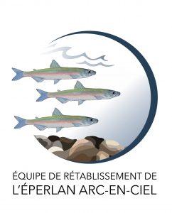 Trois poissons dans un fond marin dans un cerle qui représentent l'Équipe de rétablissement de l'éperlan arc-en-ciel, population du sud de l'estuaire du Saint-Laurent
